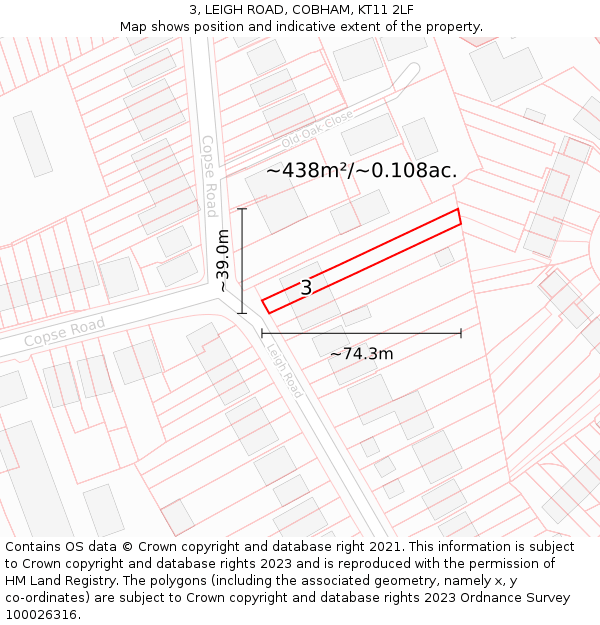 3, LEIGH ROAD, COBHAM, KT11 2LF: Plot and title map