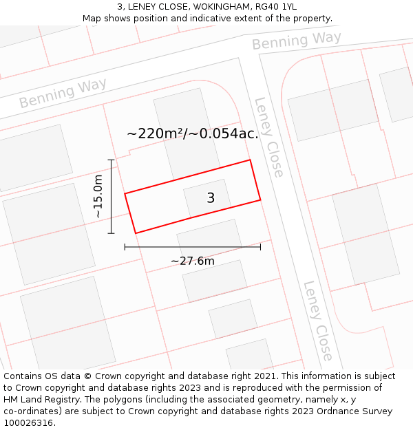 3, LENEY CLOSE, WOKINGHAM, RG40 1YL: Plot and title map