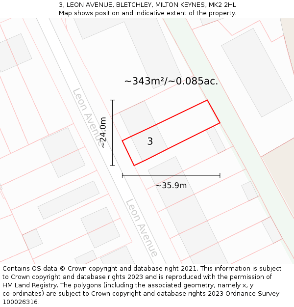 3, LEON AVENUE, BLETCHLEY, MILTON KEYNES, MK2 2HL: Plot and title map