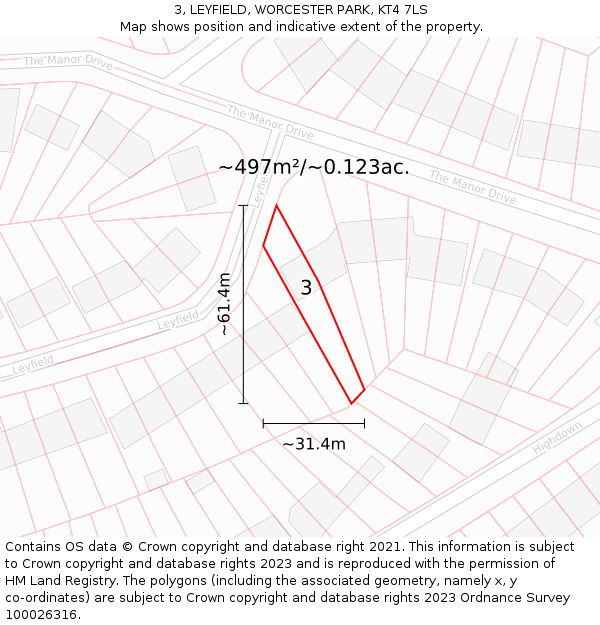 3, LEYFIELD, WORCESTER PARK, KT4 7LS: Plot and title map