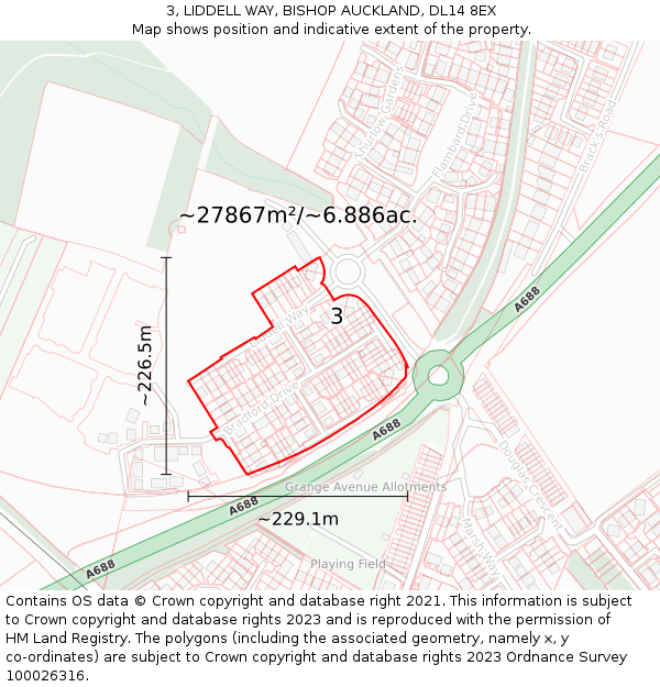 3, LIDDELL WAY, BISHOP AUCKLAND, DL14 8EX: Plot and title map