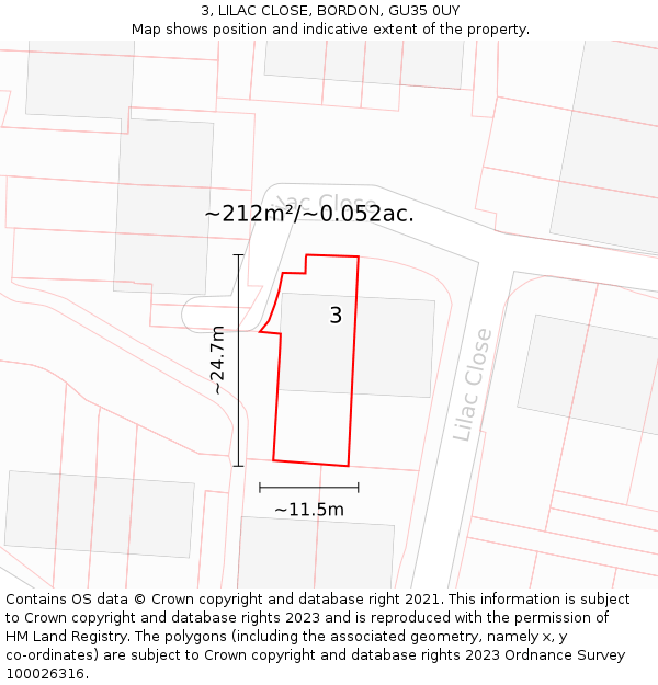 3, LILAC CLOSE, BORDON, GU35 0UY: Plot and title map