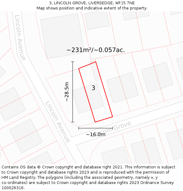 3, LINCOLN GROVE, LIVERSEDGE, WF15 7NE: Plot and title map