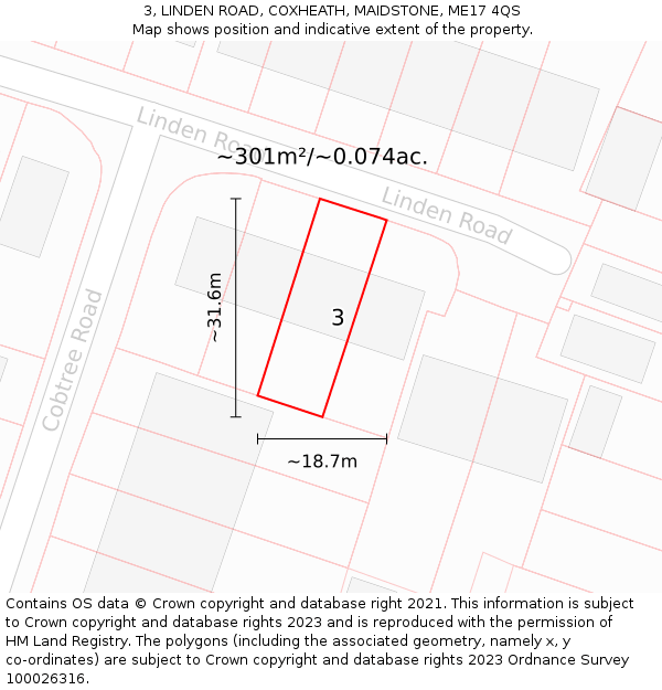 3, LINDEN ROAD, COXHEATH, MAIDSTONE, ME17 4QS: Plot and title map