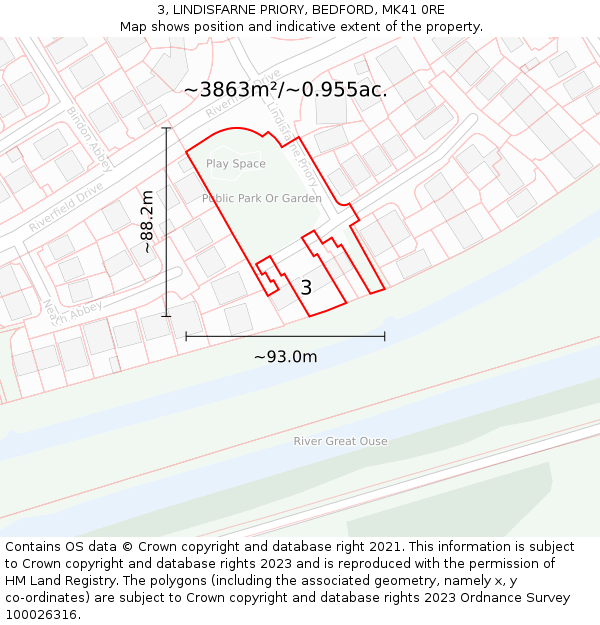 3, LINDISFARNE PRIORY, BEDFORD, MK41 0RE: Plot and title map