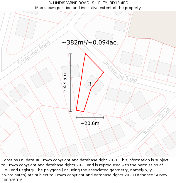 3, LINDISFARNE ROAD, SHIPLEY, BD18 4RD: Plot and title map