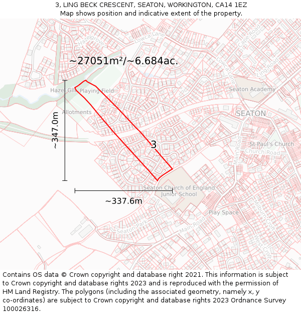 3, LING BECK CRESCENT, SEATON, WORKINGTON, CA14 1EZ: Plot and title map