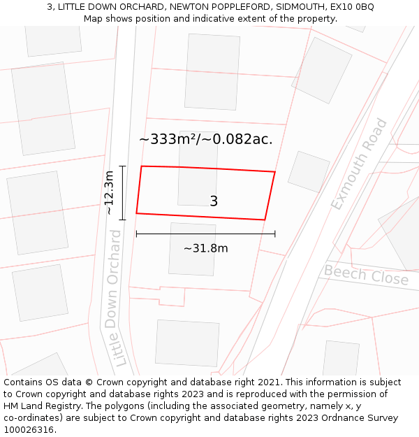 3, LITTLE DOWN ORCHARD, NEWTON POPPLEFORD, SIDMOUTH, EX10 0BQ: Plot and title map