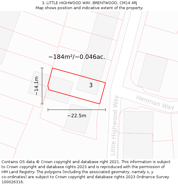 3, LITTLE HIGHWOOD WAY, BRENTWOOD, CM14 4RJ: Plot and title map