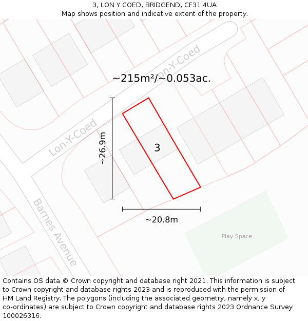 3, LON Y COED, BRIDGEND, CF31 4UA: Plot and title map