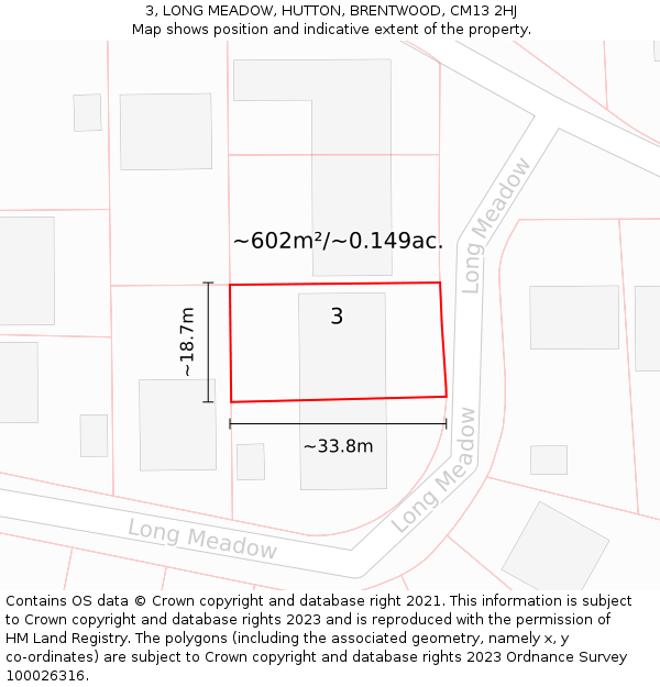 3, LONG MEADOW, HUTTON, BRENTWOOD, CM13 2HJ: Plot and title map