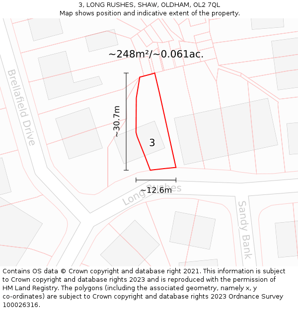 3, LONG RUSHES, SHAW, OLDHAM, OL2 7QL: Plot and title map