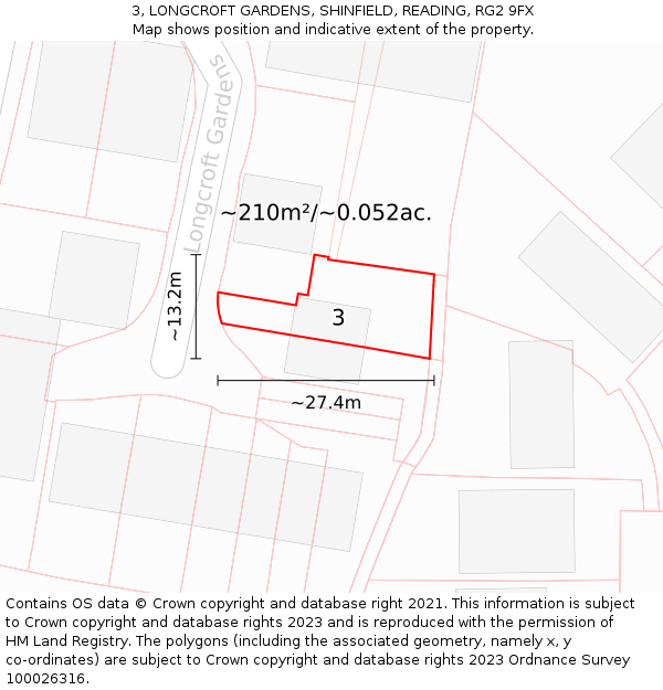 3, LONGCROFT GARDENS, SHINFIELD, READING, RG2 9FX: Plot and title map