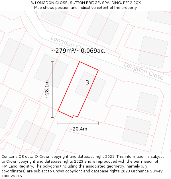 3, LONGDON CLOSE, SUTTON BRIDGE, SPALDING, PE12 9QX: Plot and title map