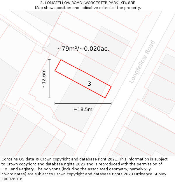 3, LONGFELLOW ROAD, WORCESTER PARK, KT4 8BB: Plot and title map