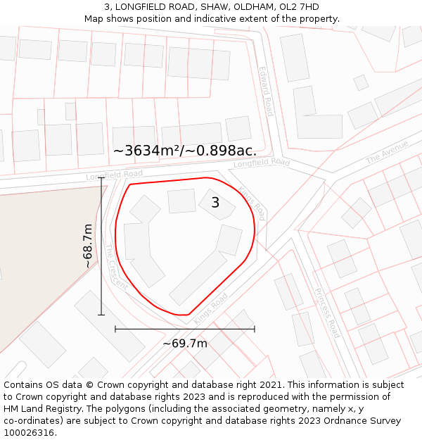 3, LONGFIELD ROAD, SHAW, OLDHAM, OL2 7HD: Plot and title map