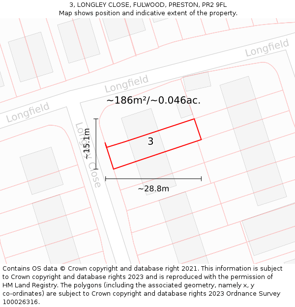 3, LONGLEY CLOSE, FULWOOD, PRESTON, PR2 9FL: Plot and title map