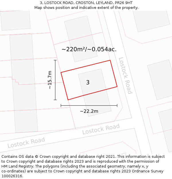 3, LOSTOCK ROAD, CROSTON, LEYLAND, PR26 9HT: Plot and title map