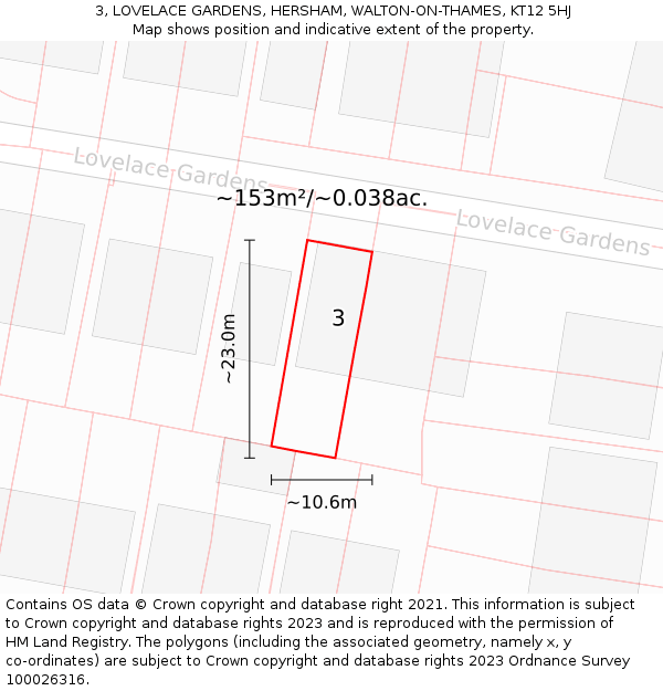 3, LOVELACE GARDENS, HERSHAM, WALTON-ON-THAMES, KT12 5HJ: Plot and title map