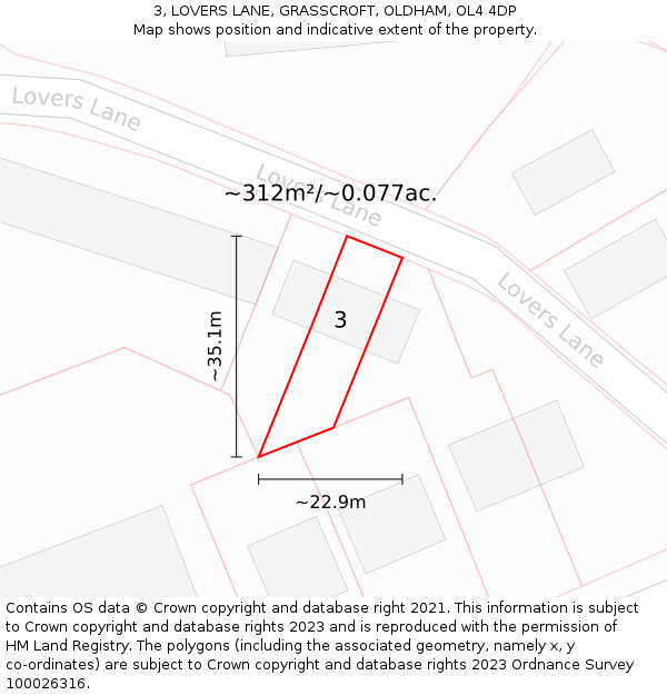3, LOVERS LANE, GRASSCROFT, OLDHAM, OL4 4DP: Plot and title map