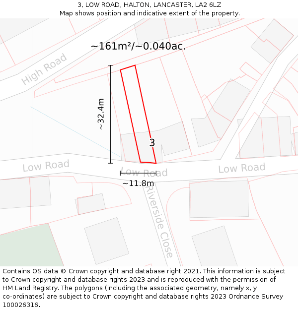 3, LOW ROAD, HALTON, LANCASTER, LA2 6LZ: Plot and title map