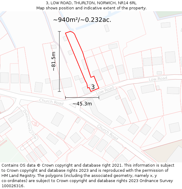 3, LOW ROAD, THURLTON, NORWICH, NR14 6RL: Plot and title map