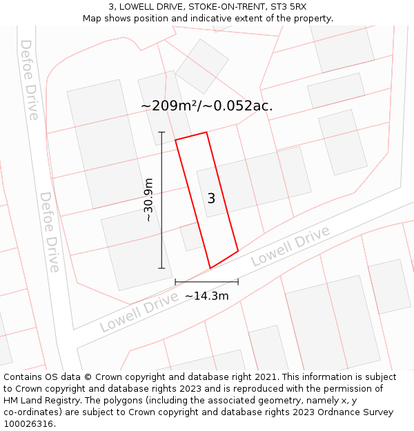 3, LOWELL DRIVE, STOKE-ON-TRENT, ST3 5RX: Plot and title map
