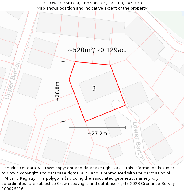 3, LOWER BARTON, CRANBROOK, EXETER, EX5 7BB: Plot and title map