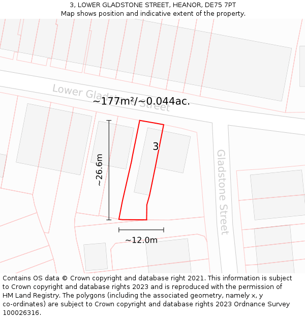3, LOWER GLADSTONE STREET, HEANOR, DE75 7PT: Plot and title map