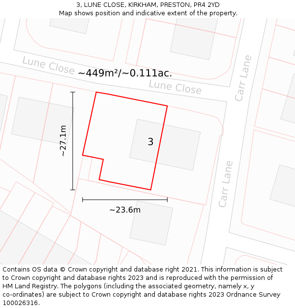 3, LUNE CLOSE, KIRKHAM, PRESTON, PR4 2YD: Plot and title map