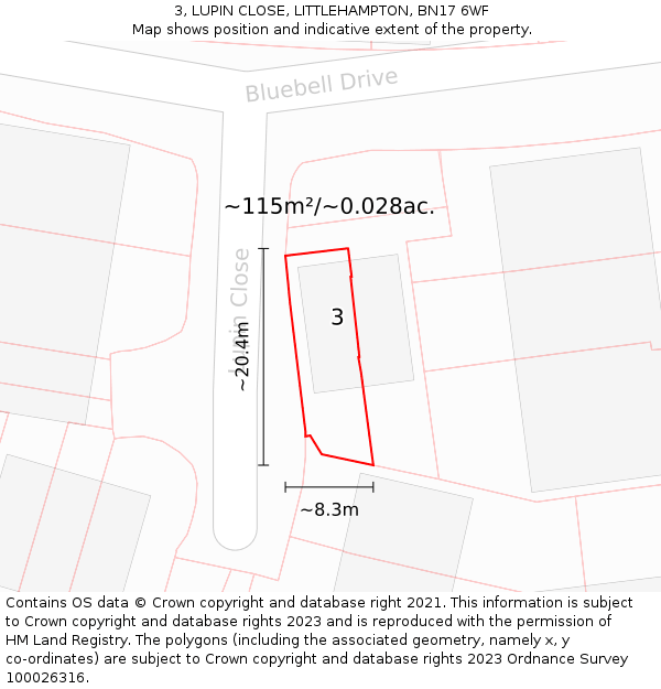 3, LUPIN CLOSE, LITTLEHAMPTON, BN17 6WF: Plot and title map