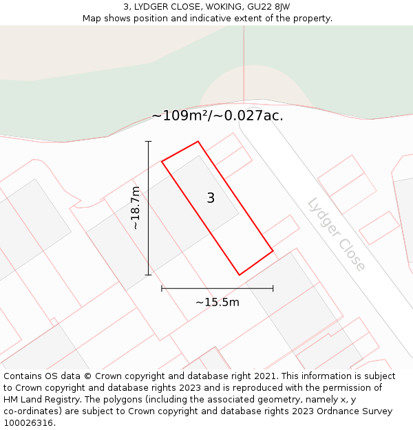 3, LYDGER CLOSE, WOKING, GU22 8JW: Plot and title map