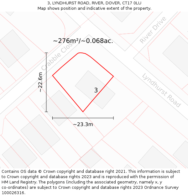 3, LYNDHURST ROAD, RIVER, DOVER, CT17 0LU: Plot and title map
