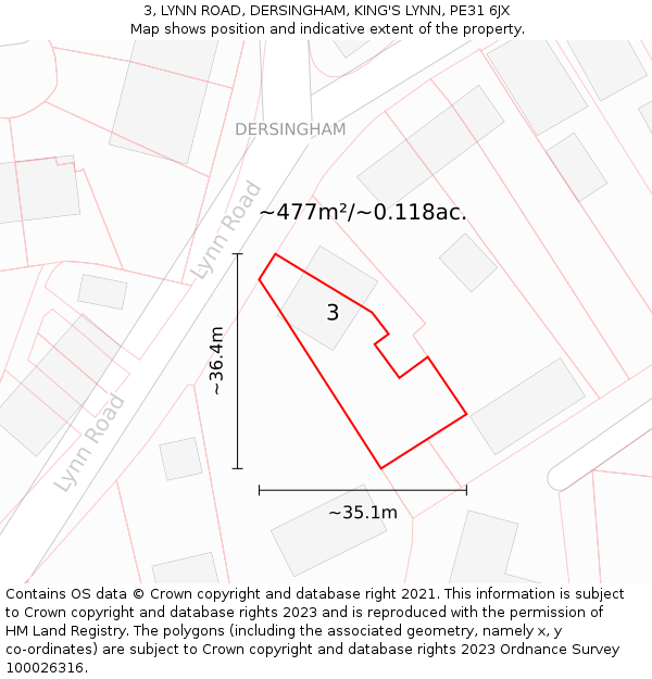 3, LYNN ROAD, DERSINGHAM, KING'S LYNN, PE31 6JX: Plot and title map