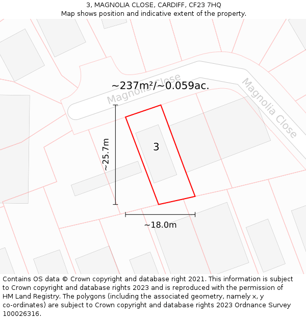 3, MAGNOLIA CLOSE, CARDIFF, CF23 7HQ: Plot and title map