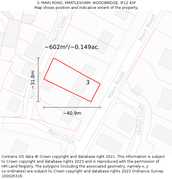 3, MAIN ROAD, MARTLESHAM, WOODBRIDGE, IP12 4SF: Plot and title map