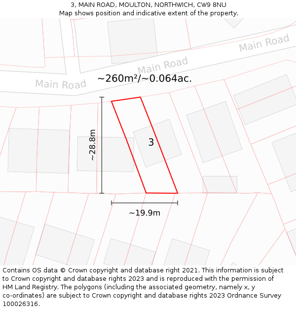 3, MAIN ROAD, MOULTON, NORTHWICH, CW9 8NU: Plot and title map