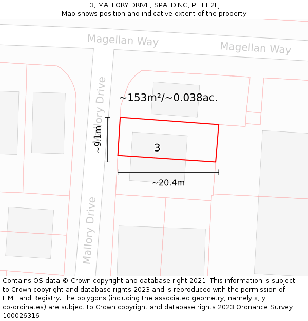 3, MALLORY DRIVE, SPALDING, PE11 2FJ: Plot and title map