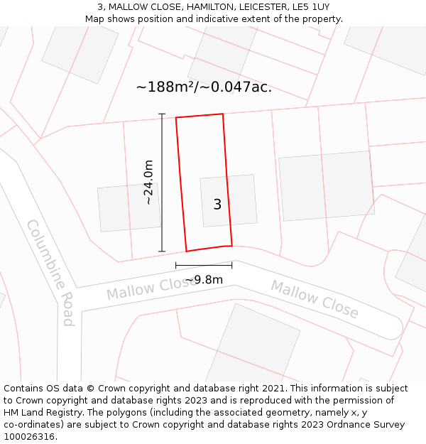 3, MALLOW CLOSE, HAMILTON, LEICESTER, LE5 1UY: Plot and title map