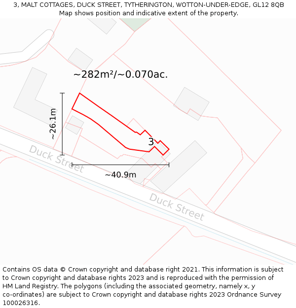 3, MALT COTTAGES, DUCK STREET, TYTHERINGTON, WOTTON-UNDER-EDGE, GL12 8QB: Plot and title map