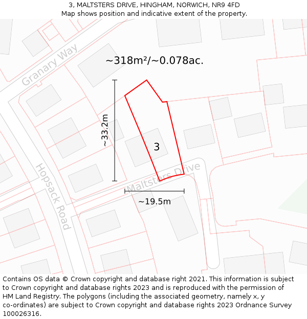 3, MALTSTERS DRIVE, HINGHAM, NORWICH, NR9 4FD: Plot and title map