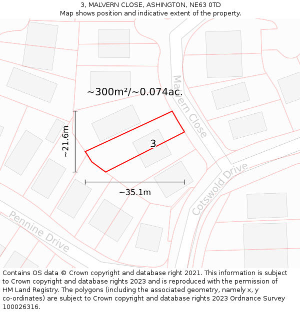 3, MALVERN CLOSE, ASHINGTON, NE63 0TD: Plot and title map