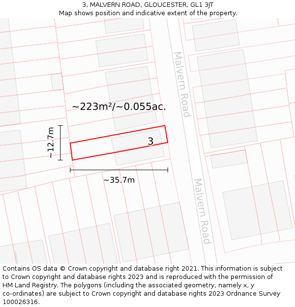 3, MALVERN ROAD, GLOUCESTER, GL1 3JT: Plot and title map
