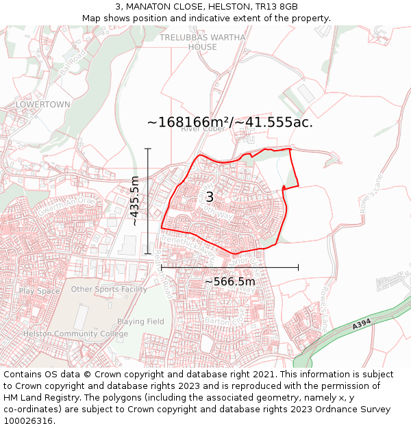 3, MANATON CLOSE, HELSTON, TR13 8GB: Plot and title map