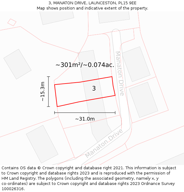 3, MANATON DRIVE, LAUNCESTON, PL15 9EE: Plot and title map