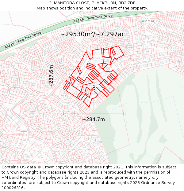 3, MANITOBA CLOSE, BLACKBURN, BB2 7DR: Plot and title map