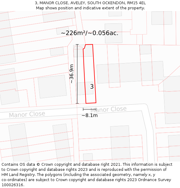 3, MANOR CLOSE, AVELEY, SOUTH OCKENDON, RM15 4EL: Plot and title map