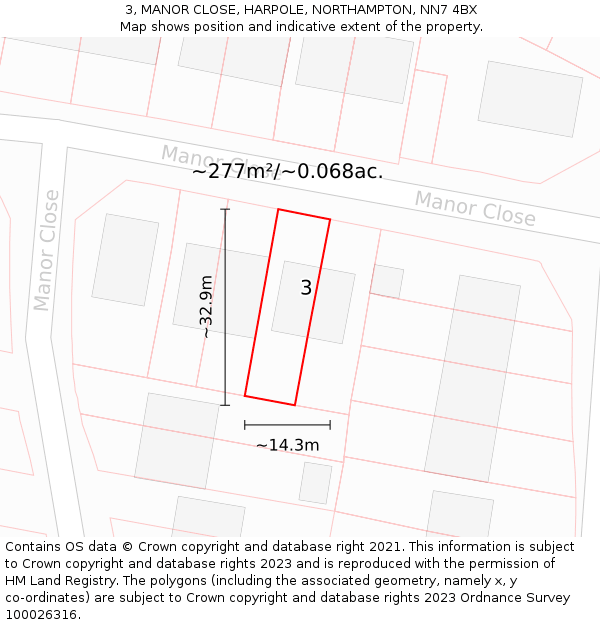 3, MANOR CLOSE, HARPOLE, NORTHAMPTON, NN7 4BX: Plot and title map