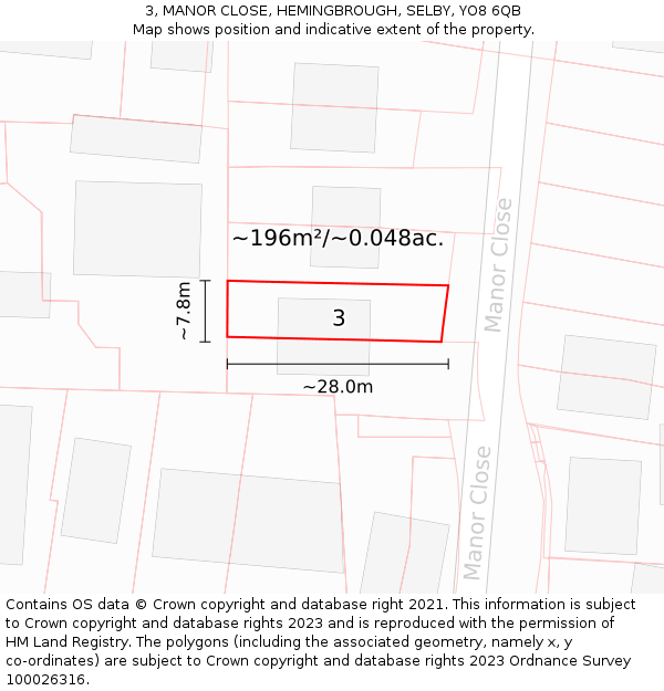 3, MANOR CLOSE, HEMINGBROUGH, SELBY, YO8 6QB: Plot and title map