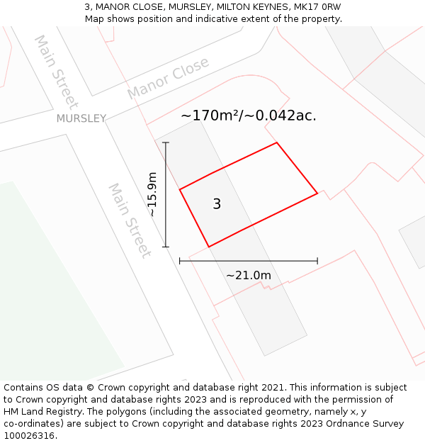 3, MANOR CLOSE, MURSLEY, MILTON KEYNES, MK17 0RW: Plot and title map
